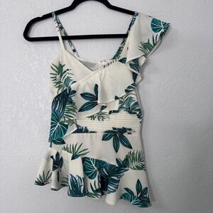 Walter Baker Inez Palm Print One Shoulder‎ Ruffle  Top White Green XS